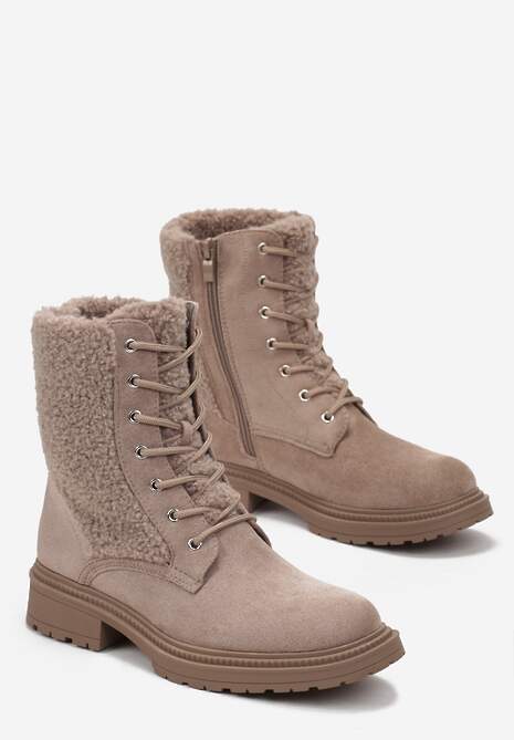 Beżowe Botki Workery z Ozdobnym Futerkiem Sinuas