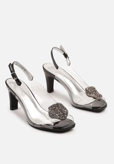 Czarne Sandały Transparentne na Obcasie z Ozdobną Aplikacją z Cyrkoniami Selreis