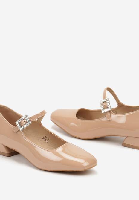 Beżowe Czółenka na Niskim Obcasie z Lakierowanym Wykończeniem Zdobione Cyrkoniową Klamrą Lobirae