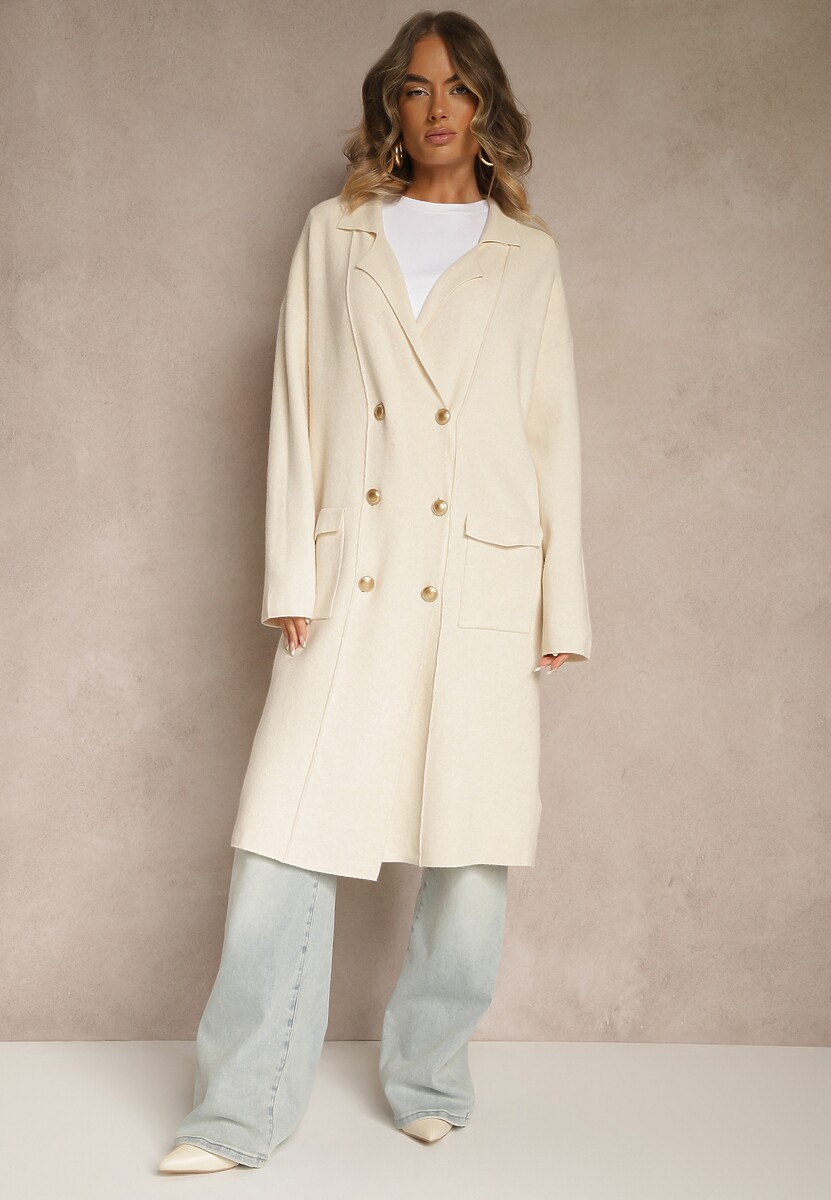 Jasnobeżowy Rozpinany Elegancki Kardigan z Wiskozą Ozdobiony Guzikami Arovira