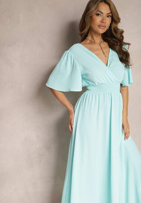 Jasnoniebieska Sukienka z Luźnymi Rękawami Wiązaniem z Wycięciem na Plecach i Gumką w Talii Valenta