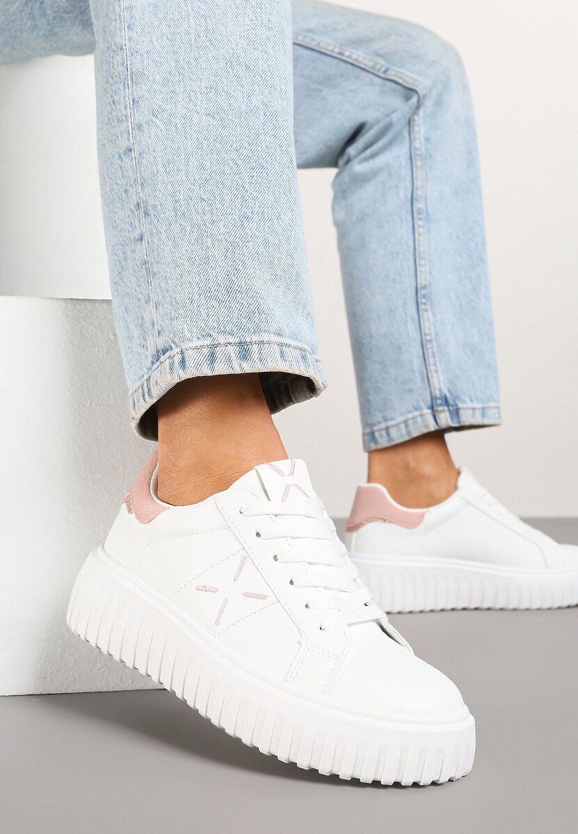 Biało-Różowe Sneakersy na Platformie z Tłoczeniem i Brokatową Wstawką Nuselin