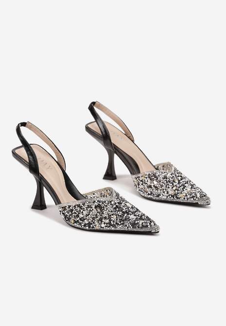 Czarne Cyrkoniowe Sandały ze Szpiczastym Noskiem na Obcasie Noredis