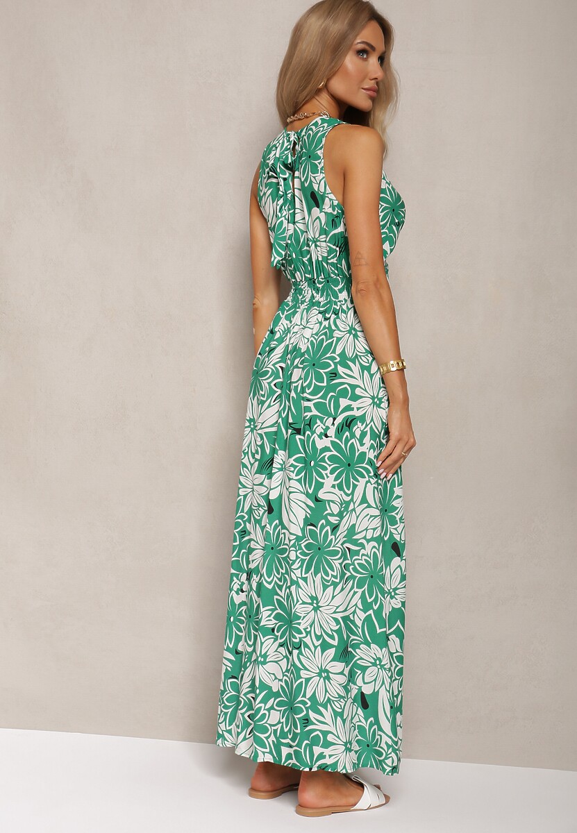 Zielona Kopertowa Sukienka z Wiskozy z Wiązaniem i Gumką w Pasie Vikissima