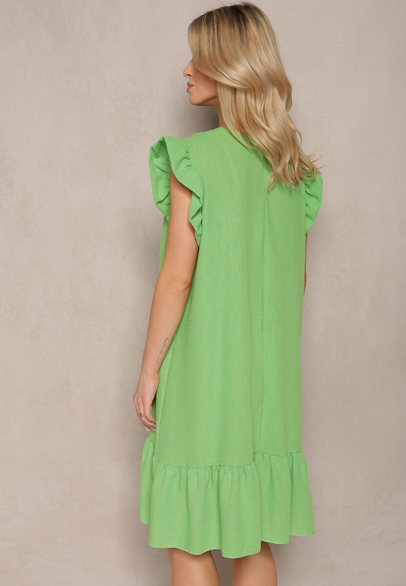 Jasnozielona Sukienka o Rozkloszowanym Kroju z Krótkim Rękawem i Falbankami Lavolia