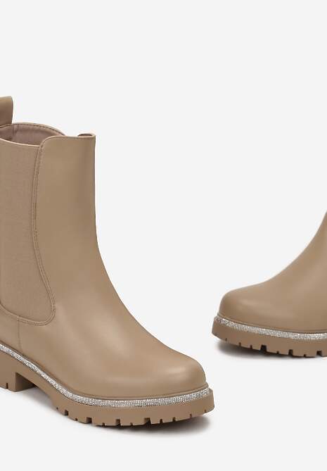 Ciemnobeżowe Botki Sztyblety z Podeszwą z Protektorem Avelintis