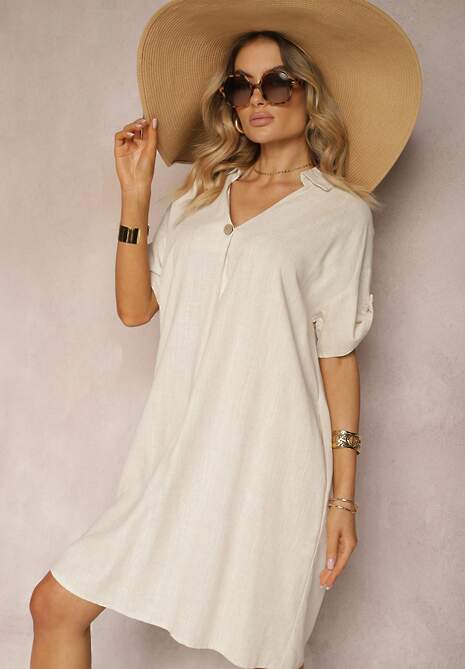 Beżowa Bawełniana Sukienka o Pudełkowym Kroju z Rękawami z Regulacją Elonea
