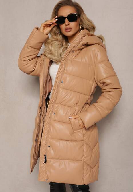 Ciemnobeżowa Wiskozowa Kurtka z Imitacji Skóry z Ozdobnym Pikowaniem z Paskiem i Kapturem Gersja