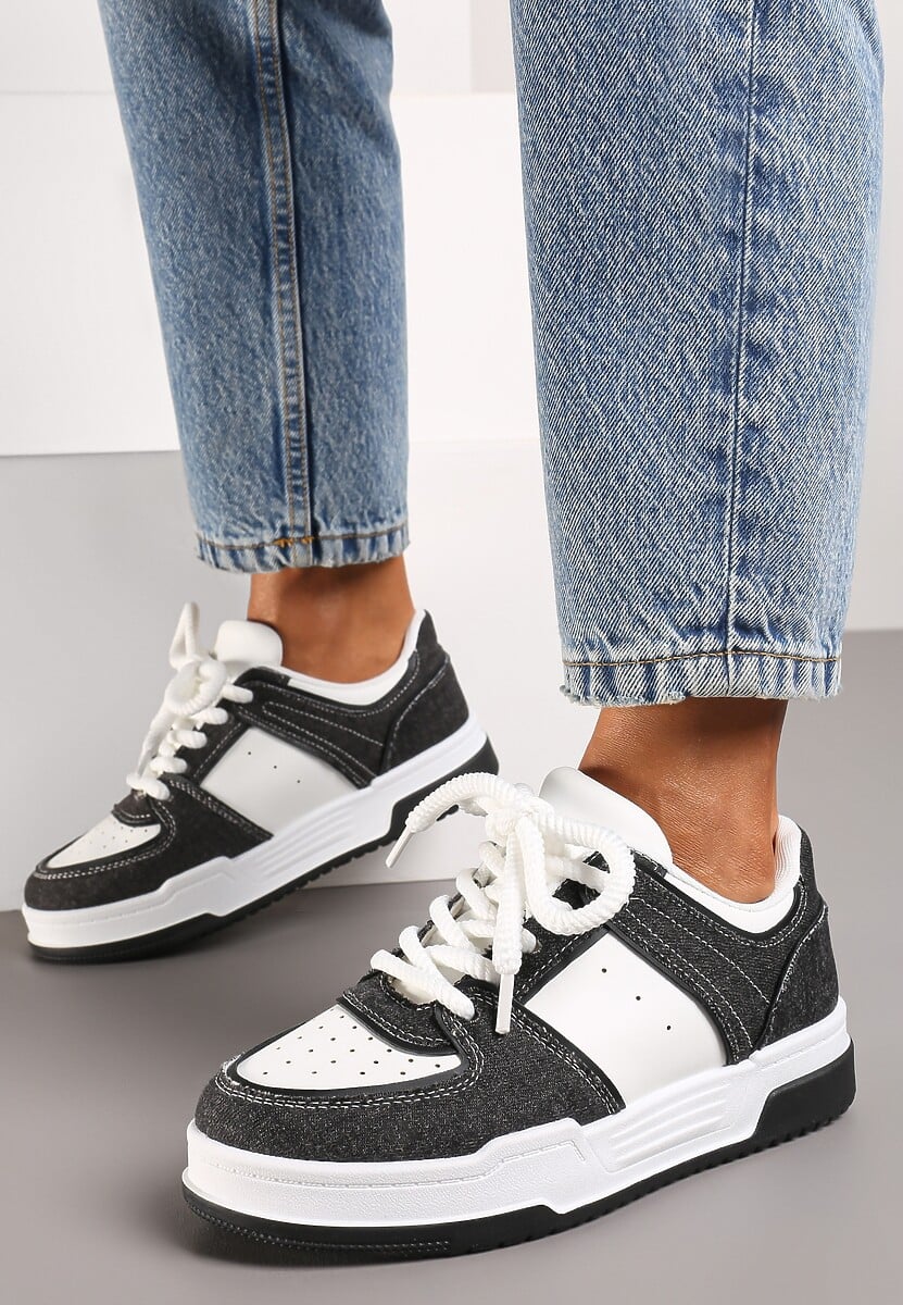 Czarno-Białe Sneakersy z Imitacji Skóry do Kostki ze Sznurowaniami na Grubej Podeszwie Ramara