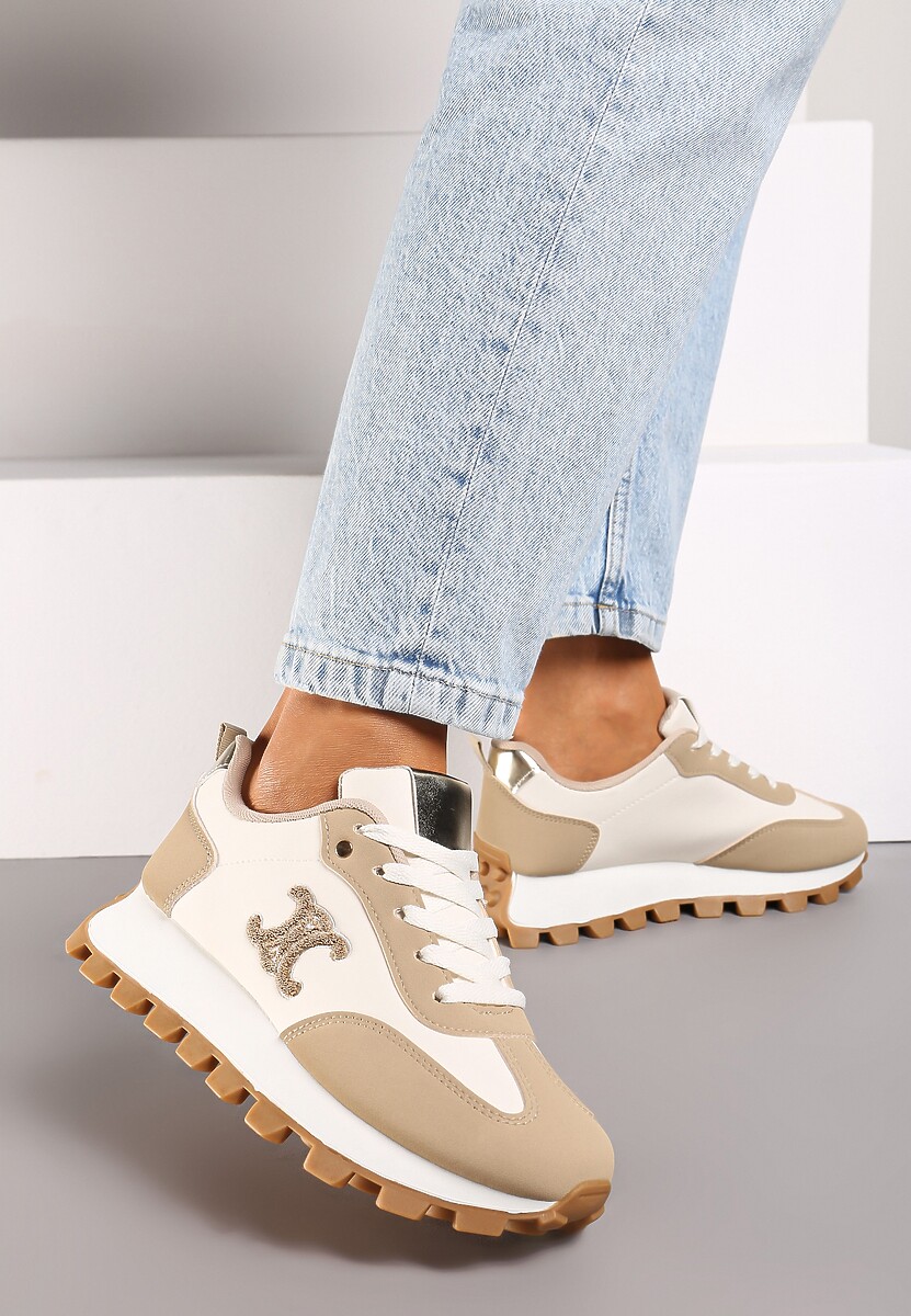 Ciemnobeżowe Sznurowane Sneakersy na Płaskiej Podeszwie Ozdobione Metalicznymi Aplikacjami Zetissa