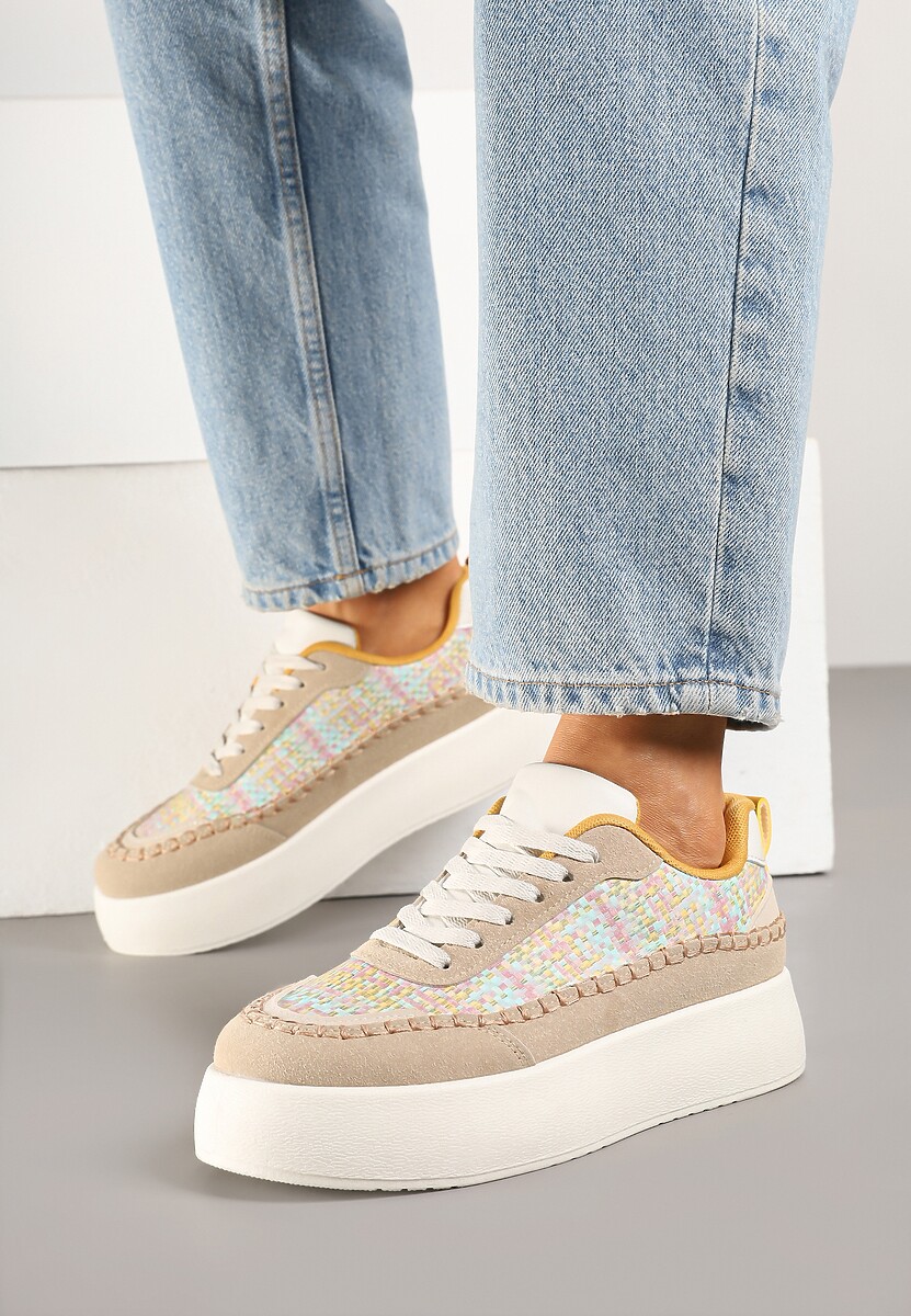 Ciemnobeżowe Sneakersy na Platformie Ozdobione Plecionką Nilaraviela