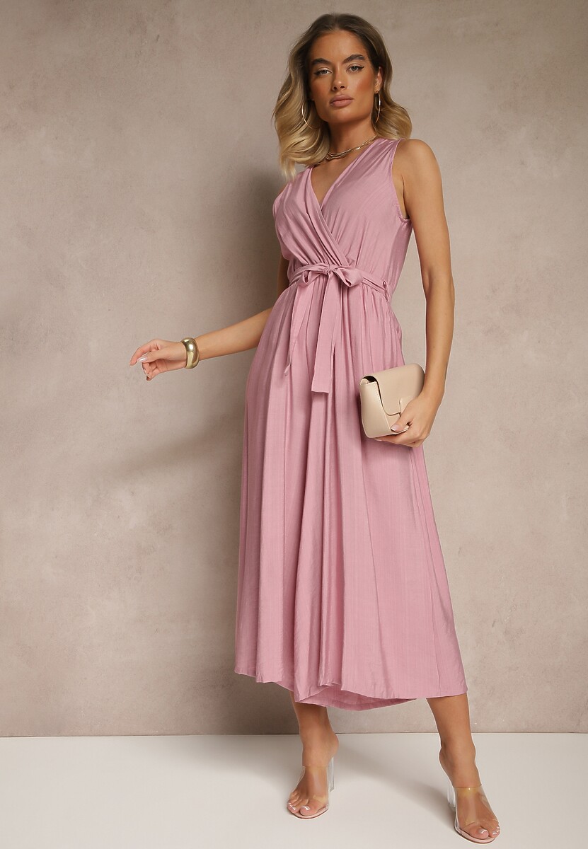 Fioletowy Kombinezon Taliowany z Wiskozą Ozdobiony Paskiem Evintria