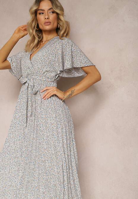 Niebiesko-Beżowa Sukienka o Rozkloszowanym Kroju z Gumką w Talii i Kopertowym Dekoltem z Materiałowym Paskiem Qrissa