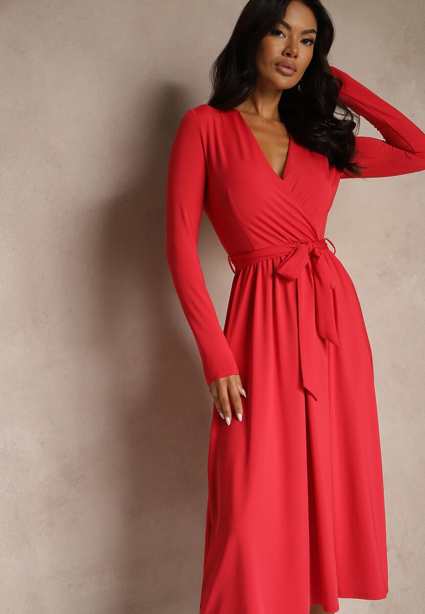 Czarna Taliowana Sukienka z Paskiem z Domieszką Wiskozy Hrestalia