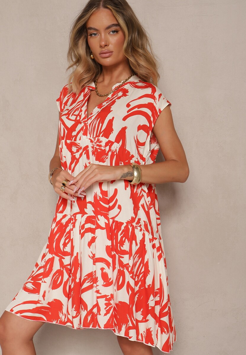 Pomarańczowa Sukienka z Bawełny Ozdobiona Abstrakcyjnym Motywem Lisovia