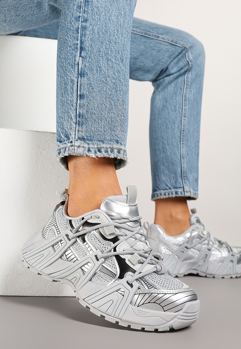 Srebrne Sneakersy na Platformie z Geometrycznym Wzorem Eledisa