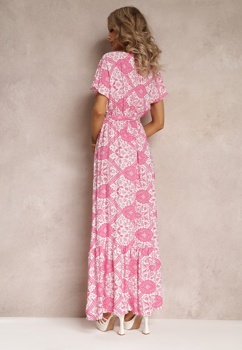 Fuksjowa Rozkloszowana Sukienka z Kopertowym Dekoltem i Wiązanym Paskiem Brynis