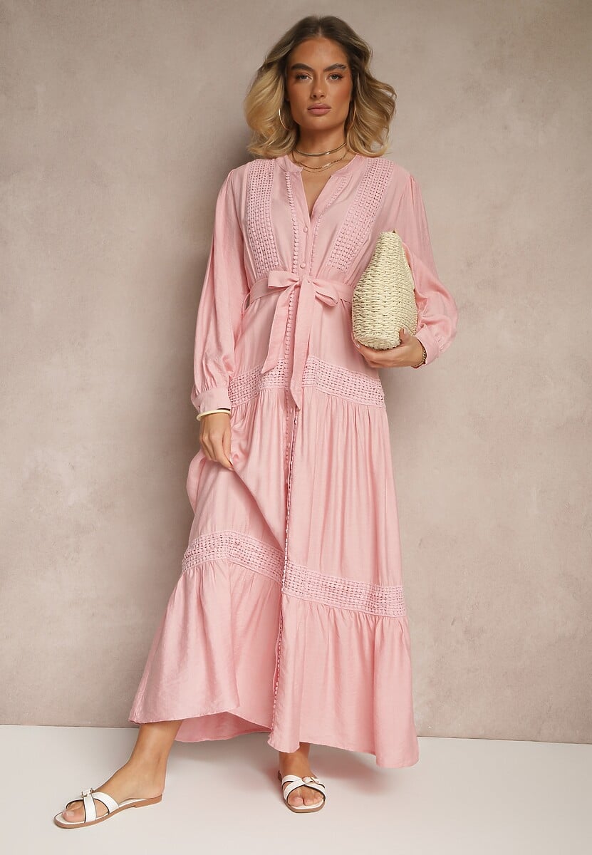 Różowa Wiskozowa Sukienka o Rozkloszowanym Kroju z Wiązanym Paskiem i Koronką Reisavien