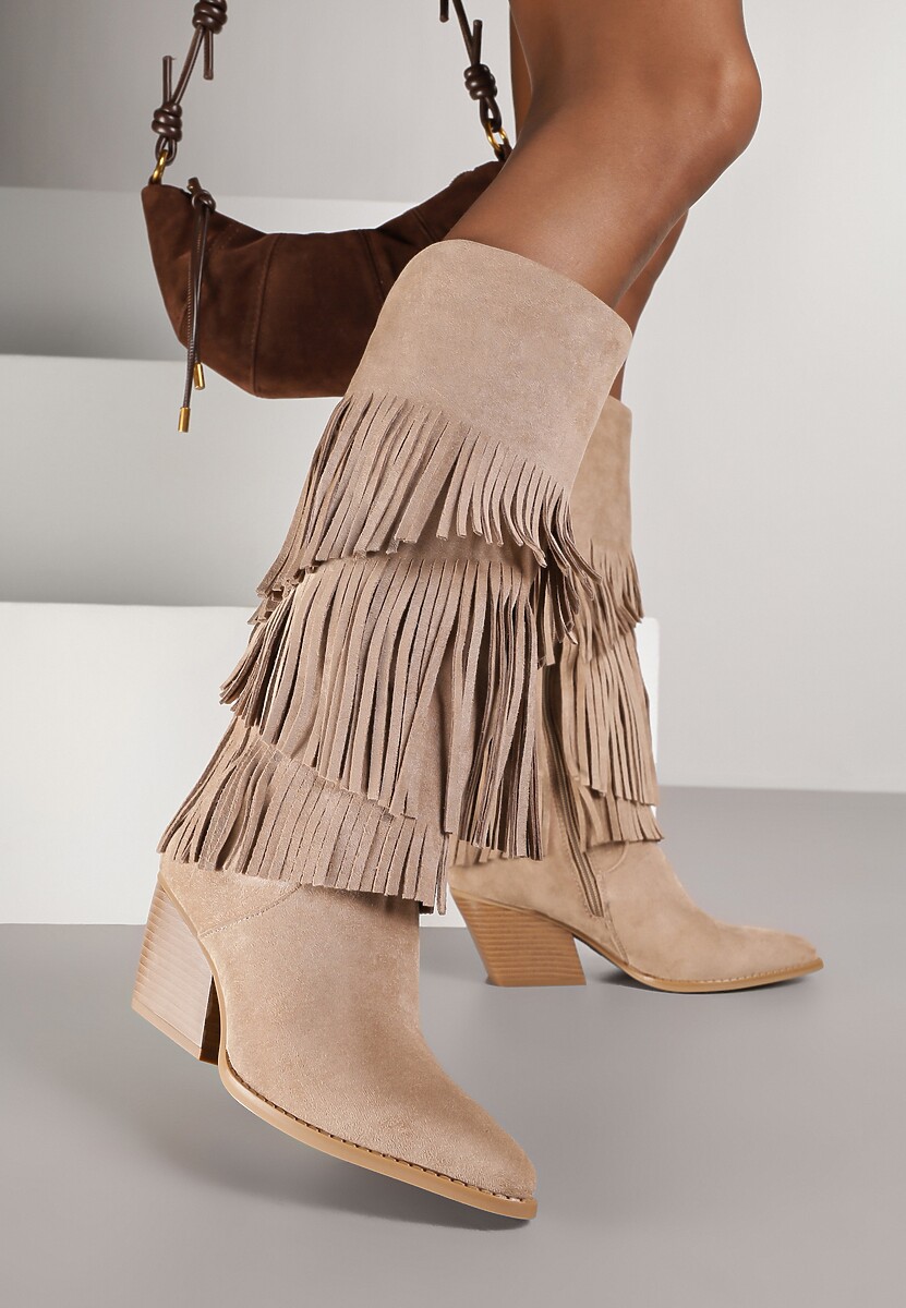 Ciemnobeżowe Kozaki Kowbojki na Stożku Ozdobione Frędzlami Giolanda