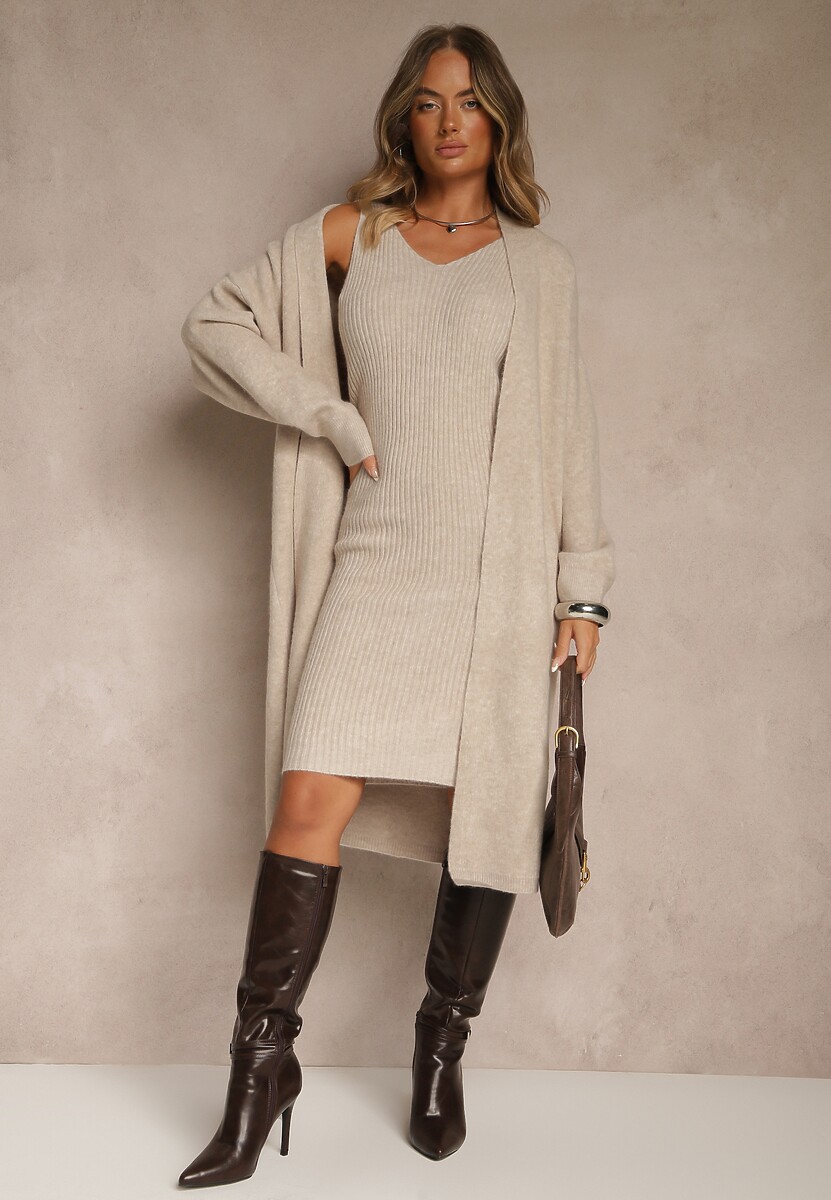 Ciemnobeżowy Dzianinowy Komplet z Wełną Prążkowana Sukienka i Długi Kardigan Falonessa