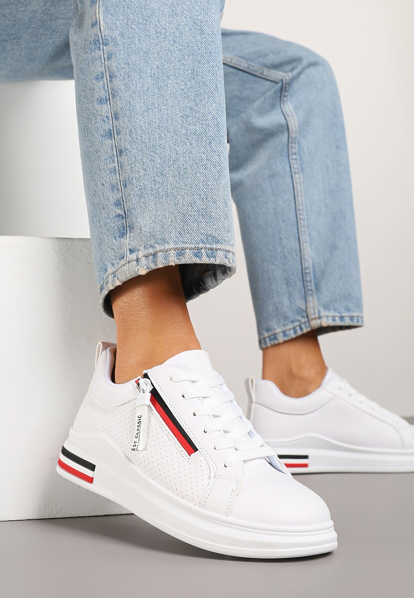 Białe Sneakersy z Ozdobnymi Napisami Suwakiem i Paskami Tosime