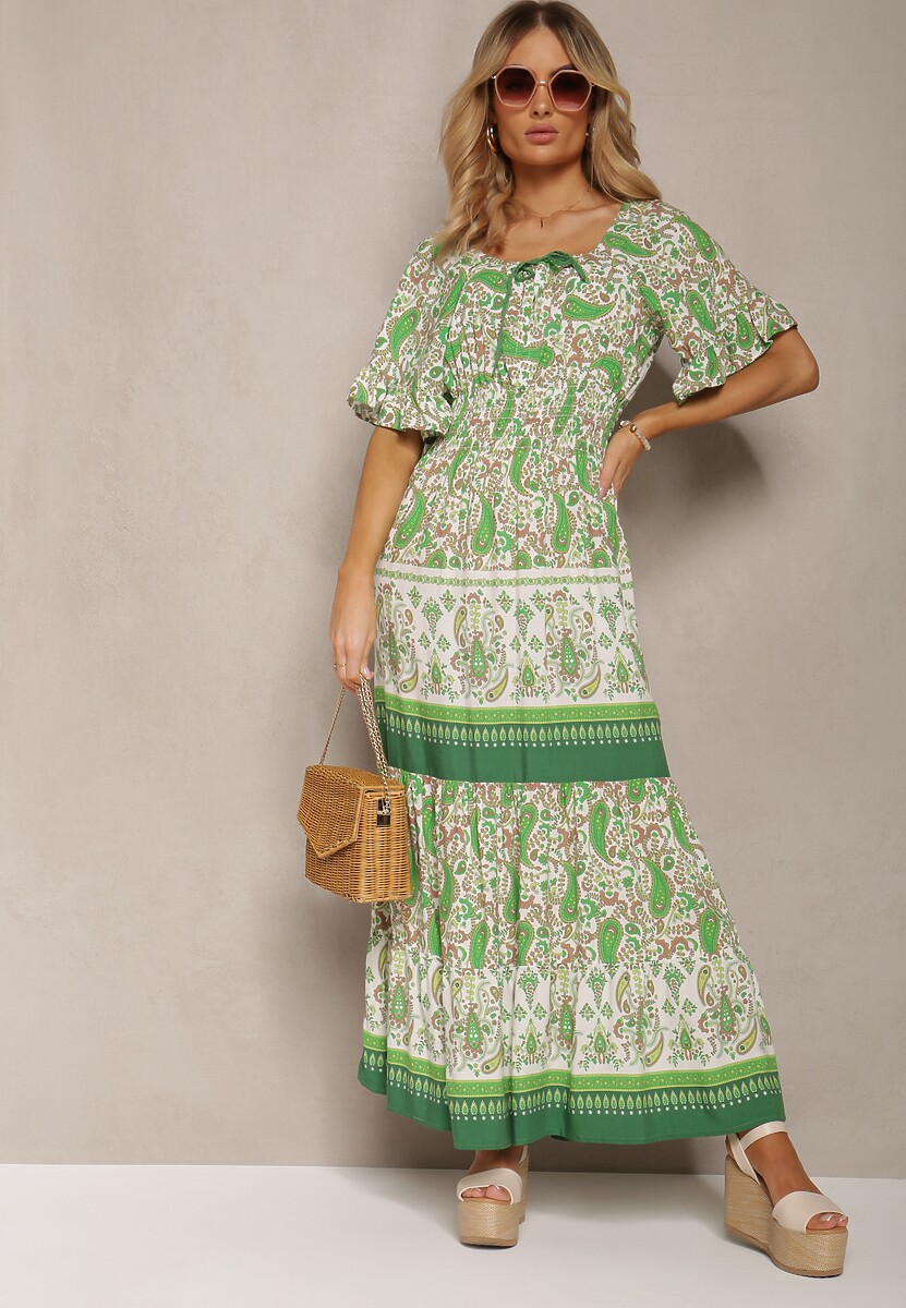 Jasnozielona Bawełniana Sukienka z Ozdobnym Wiązaniem Wykończona Gumką w Pasie Betelia