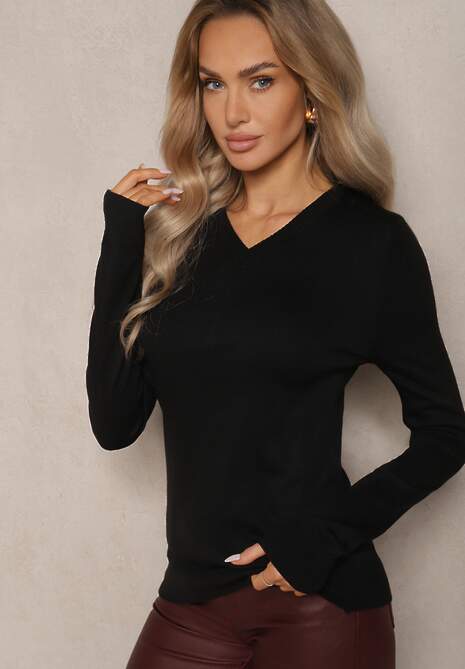 Czarny Casualowy Sweter z Dekoltem w Serek Amitta