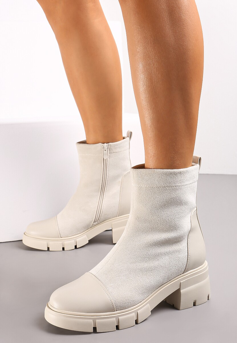 Beżowe Botki za Kostkę na Niskim Obcasie Bellaxa