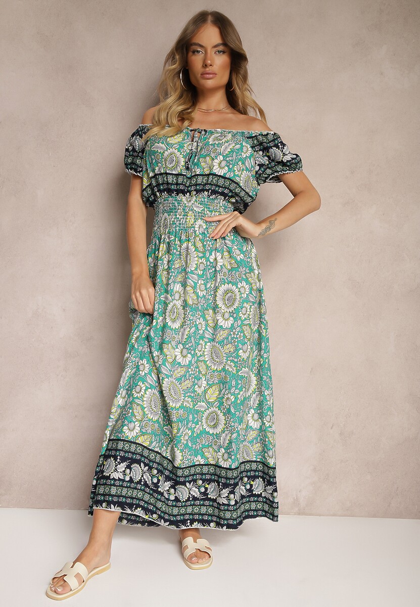 Zielona Rozkloszowana Sukienka z Bawełny w Kwiatowy Wzór z Marszczoną Gumką w Talii Viarena
