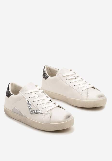 Biało-Czarne Sneakersy Sznurowane z Cholewką przed Kostkę z Brokatem Toneri