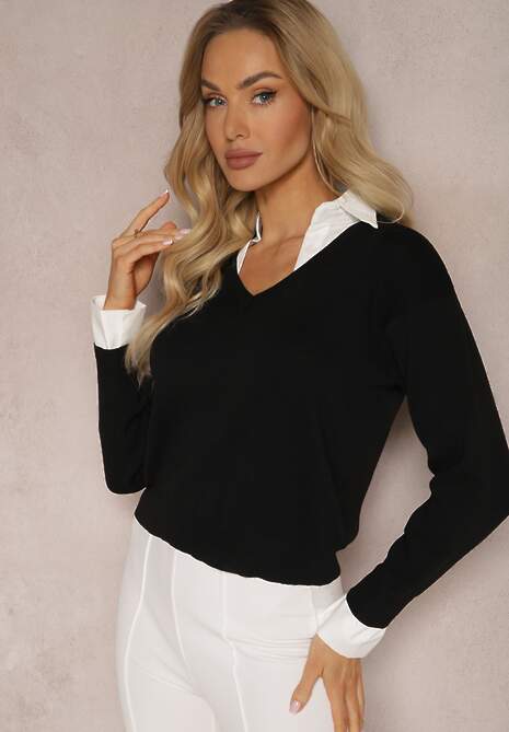 Czarny Sweter z Długimi Rękawami i Koszulową Wstawką z Kołnierzykiem Aptivea