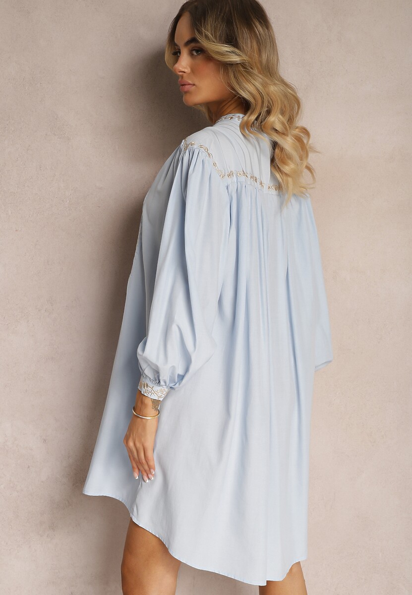 Niebieska Haftowana Sukienka Midi o Pudełkowym Fasonie z Długim Rękawem Rosen