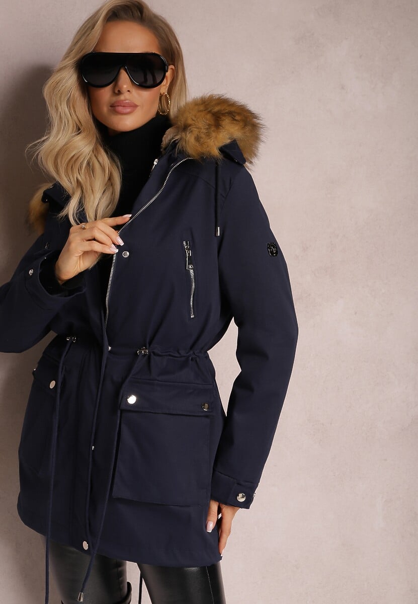 Ciemnozielona Kurtka Parka z Kieszeniami i Kapturem z Futerkiem Caulisa