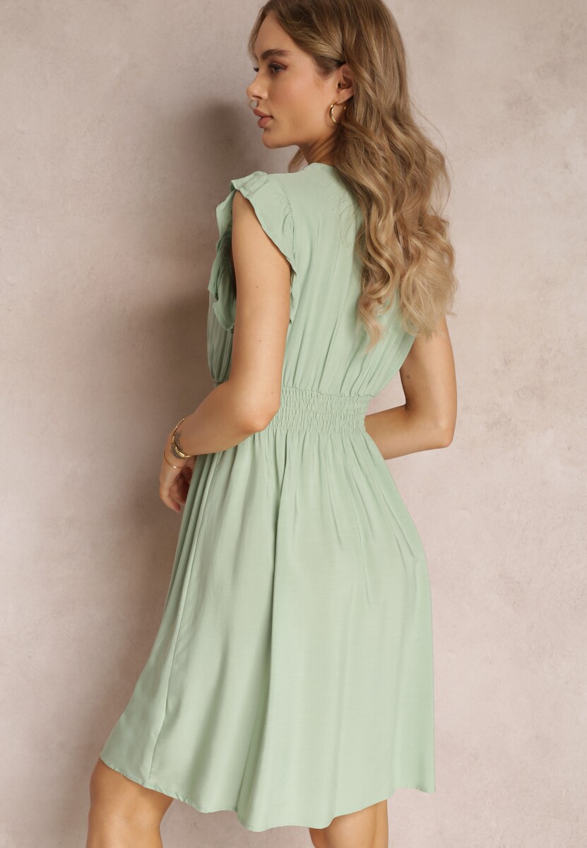 Miętowa Wiskozowa Sukienka z Gumką w Talii i Ozdobą Koronką Binita