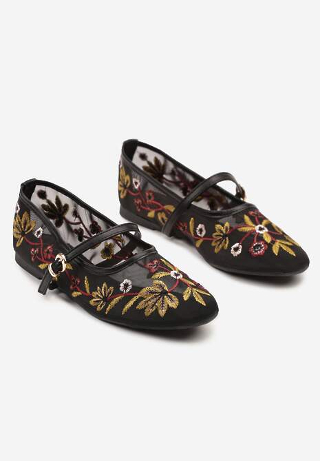 Czarne Siateczkowe Balerinki z Florystycznym Haftem i Paskiem na Sprzączkę Danirna