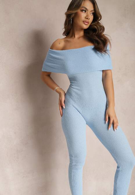 Jasnoniebieski Dopasowany Kombinezon z Elastycznego Materiału z Hiszpańskim Dekoltem Pharasia