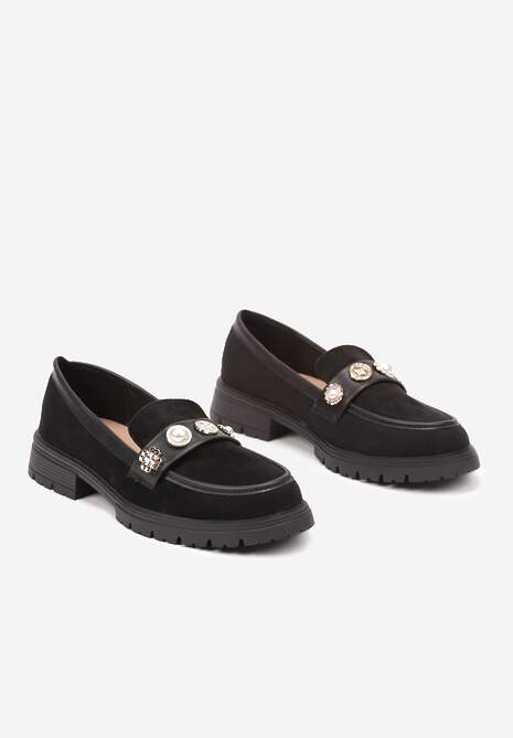Czarne Mokasyny z Perełkami i Ozdobami Eladeo