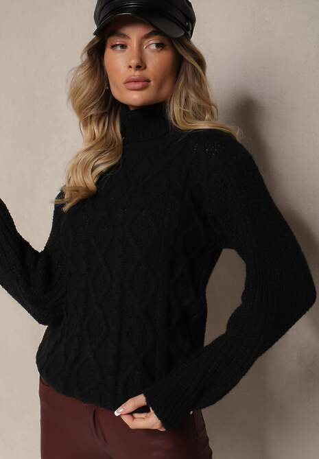 Czarny Golf z Wełną ze Ściągaczem i Ozdobnym Splotem Miarenn