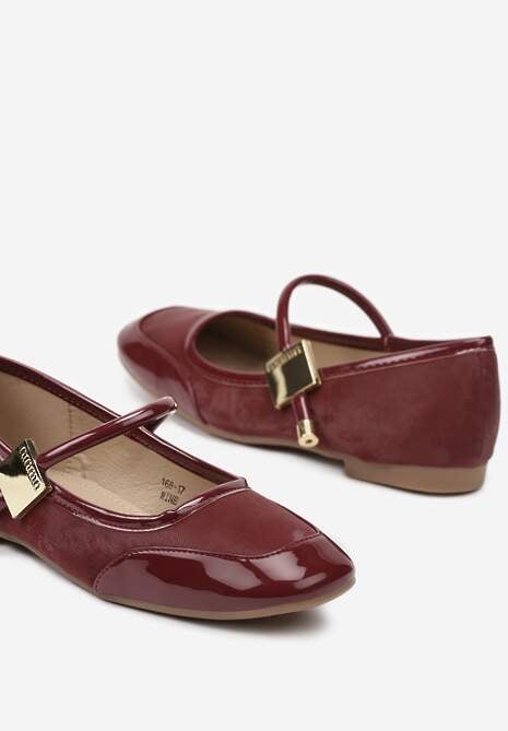 Bordowe Balerinki ze Wstawkami ze Skóry Naturalnej o Lakierowanym Połysku ze Sprzączką Alvitta