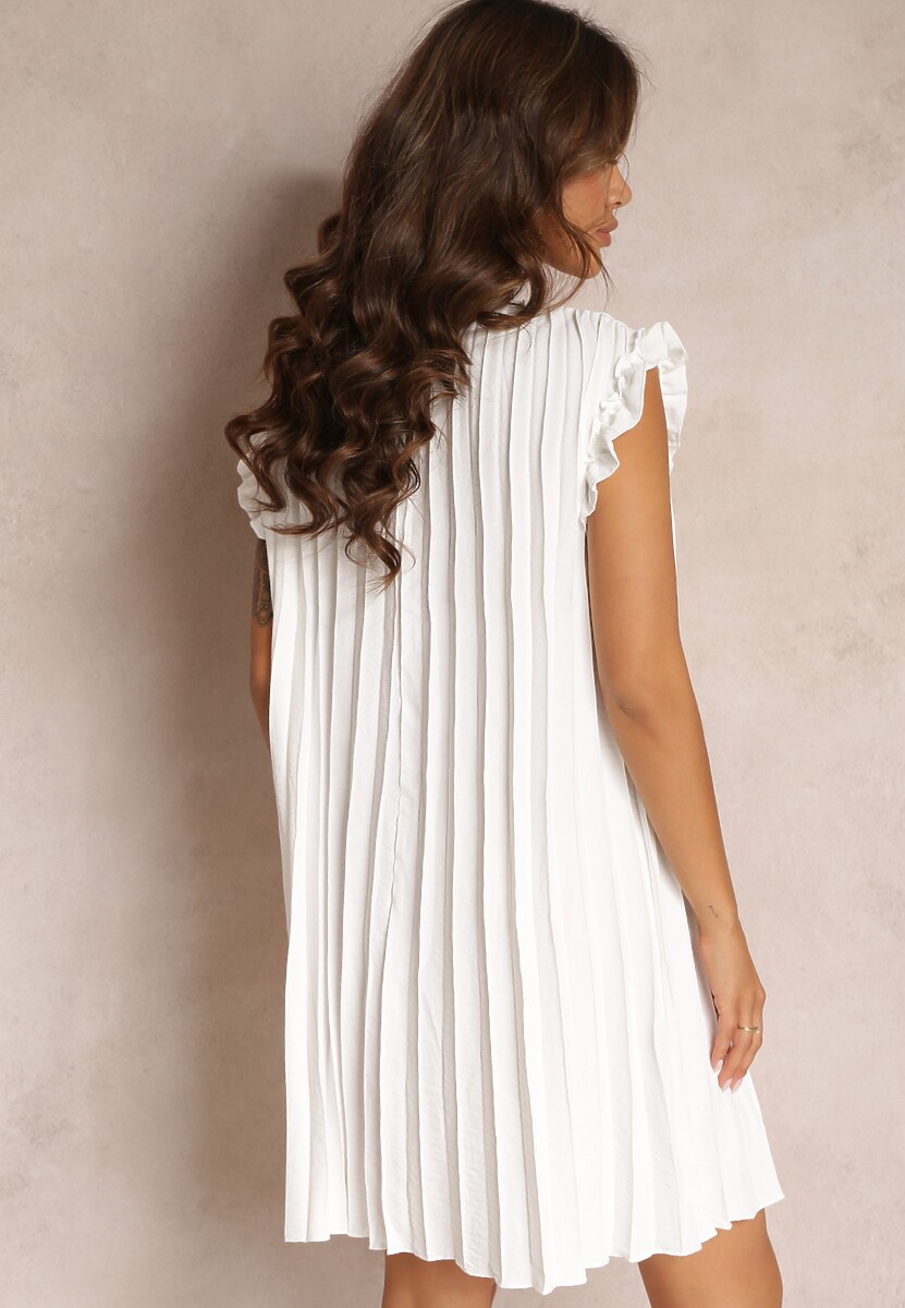 Biała Plisowana Sukienka Mini z Falbankami z Bawełny i Wiskozy Trinida