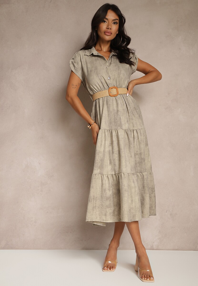 Beżowa Sukienka z Guzikami i Paskiem z Plecionki Fillona