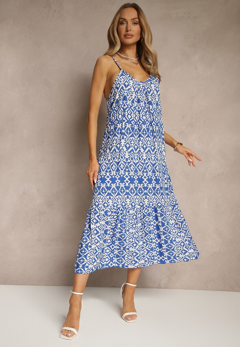 Niebieska Bawełniana Sukienka w Geometryczny Wzór Koloniela