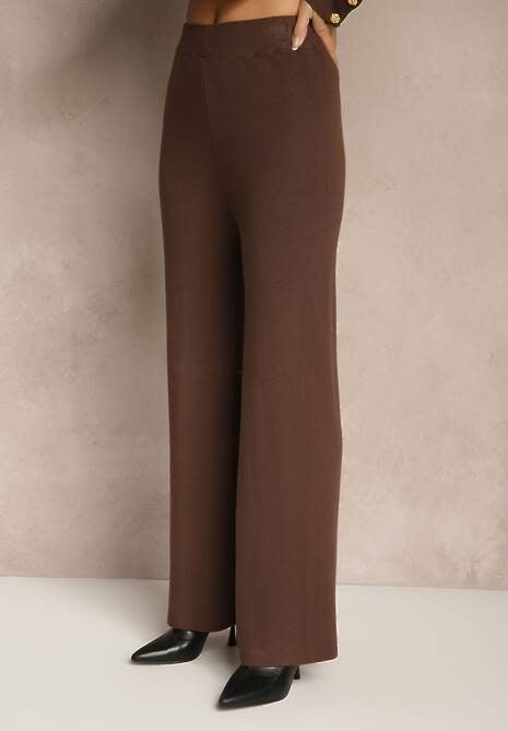 Brązowy Komplet z Dzianiny z Wiskozą Kardigan i Spodnie z Gumką Badrine
