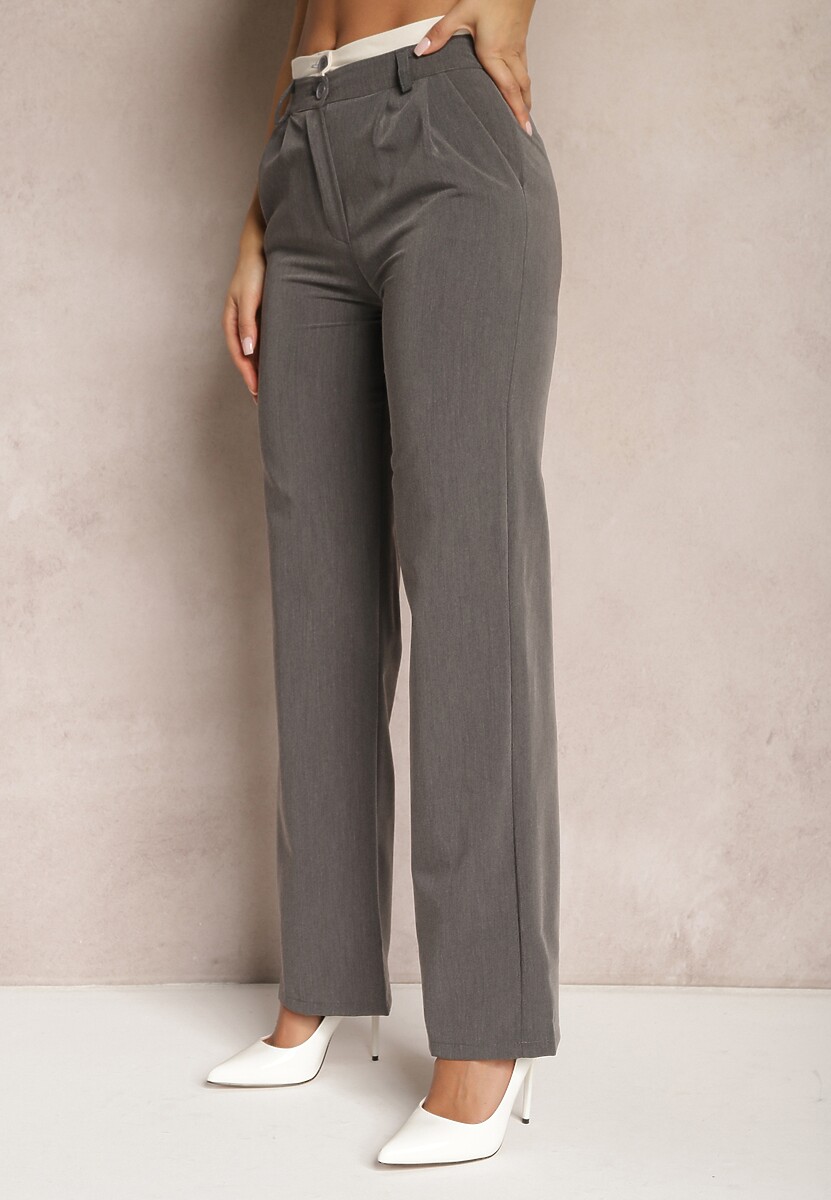 Szare Spodnie Garniturowe High Waist z Przeszyciami Variola