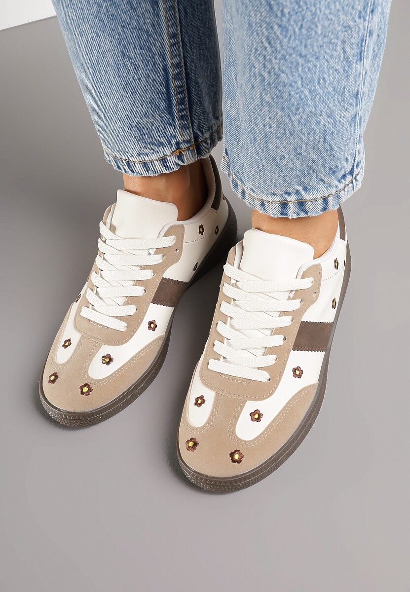 Beżowe Sneakersy Tenisówki Ozdobione Kwiatkami Zummine