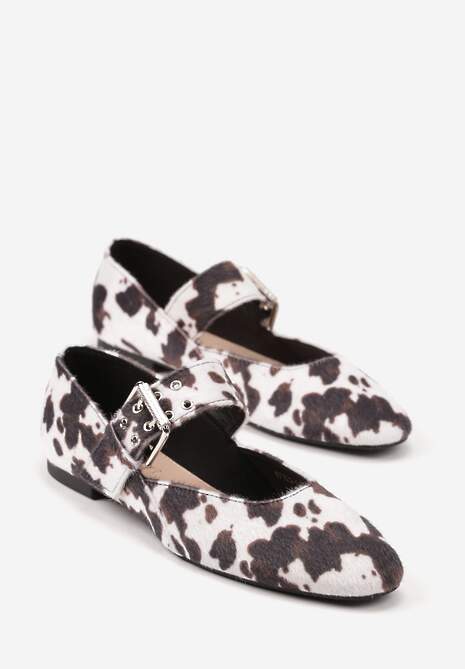 Brązowo-Białe Balerinki Vices w Krowie Łaty w Stylu Mary Jane ze Skórzaną Wkładką Rilaneia