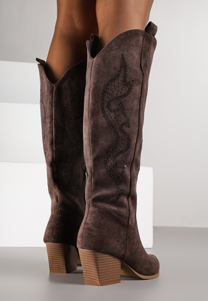 Brązowe Kozaki Kowbojki na Stożkowym Obcasie Zdobione Cyrkoniami Nalasania