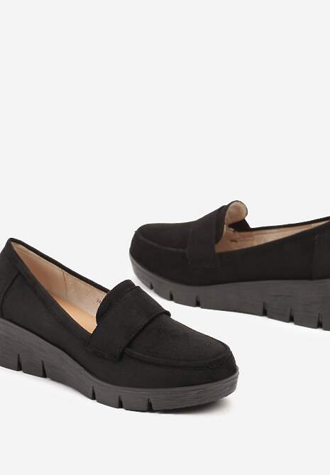 Czarne Półbuty Mokasyny na Koturnie z Wkładką ze Skóry Naturalnej Ozdobione Paskiem Zorvia