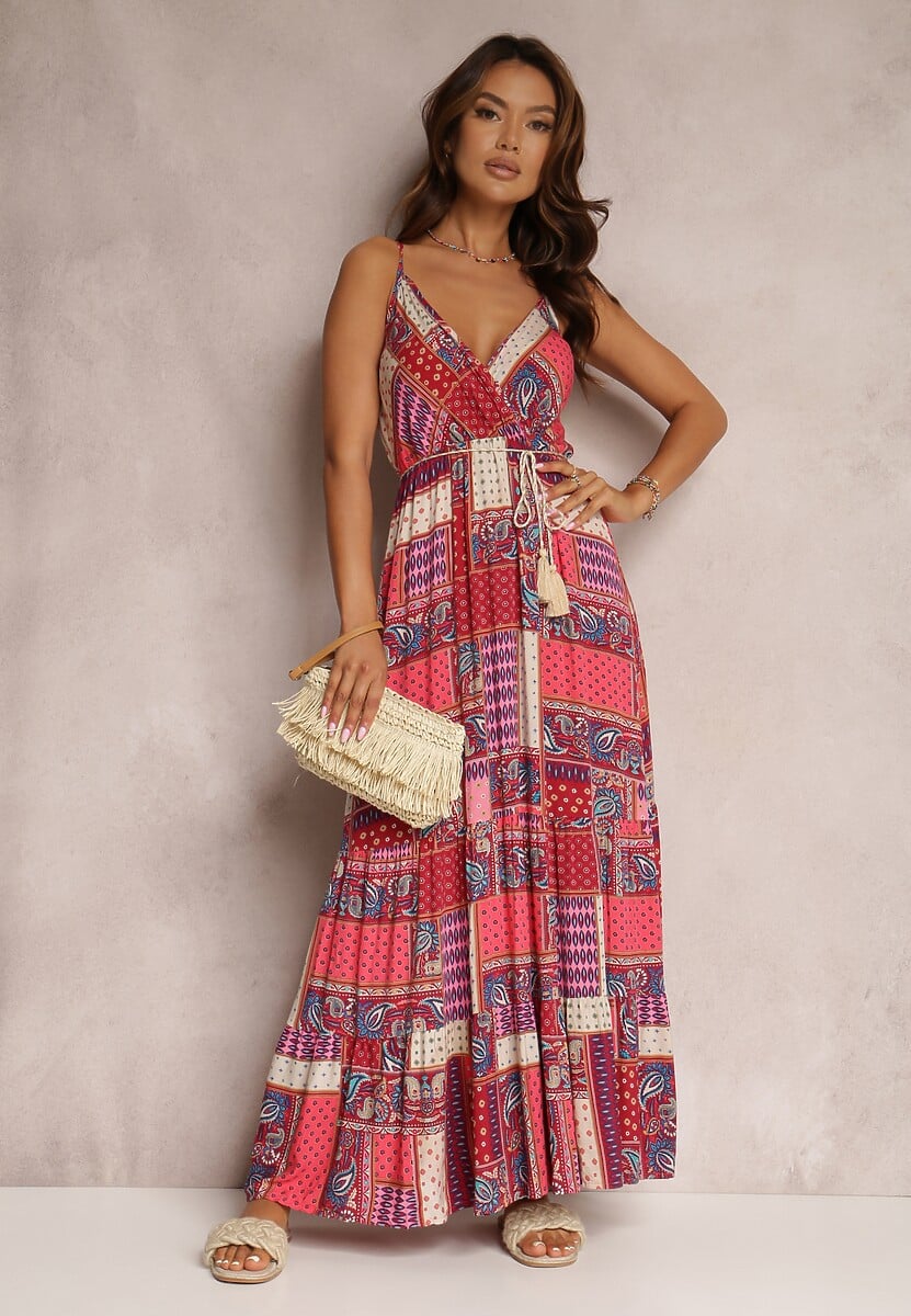 Bordowa Wiskozowa Sukienka o Kopertowym Kroju w Print Patchwork Grehan