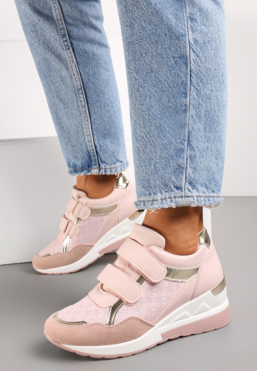 Różowe Sneakersy na Niewysokiej Koturnie na Rzepy Portha